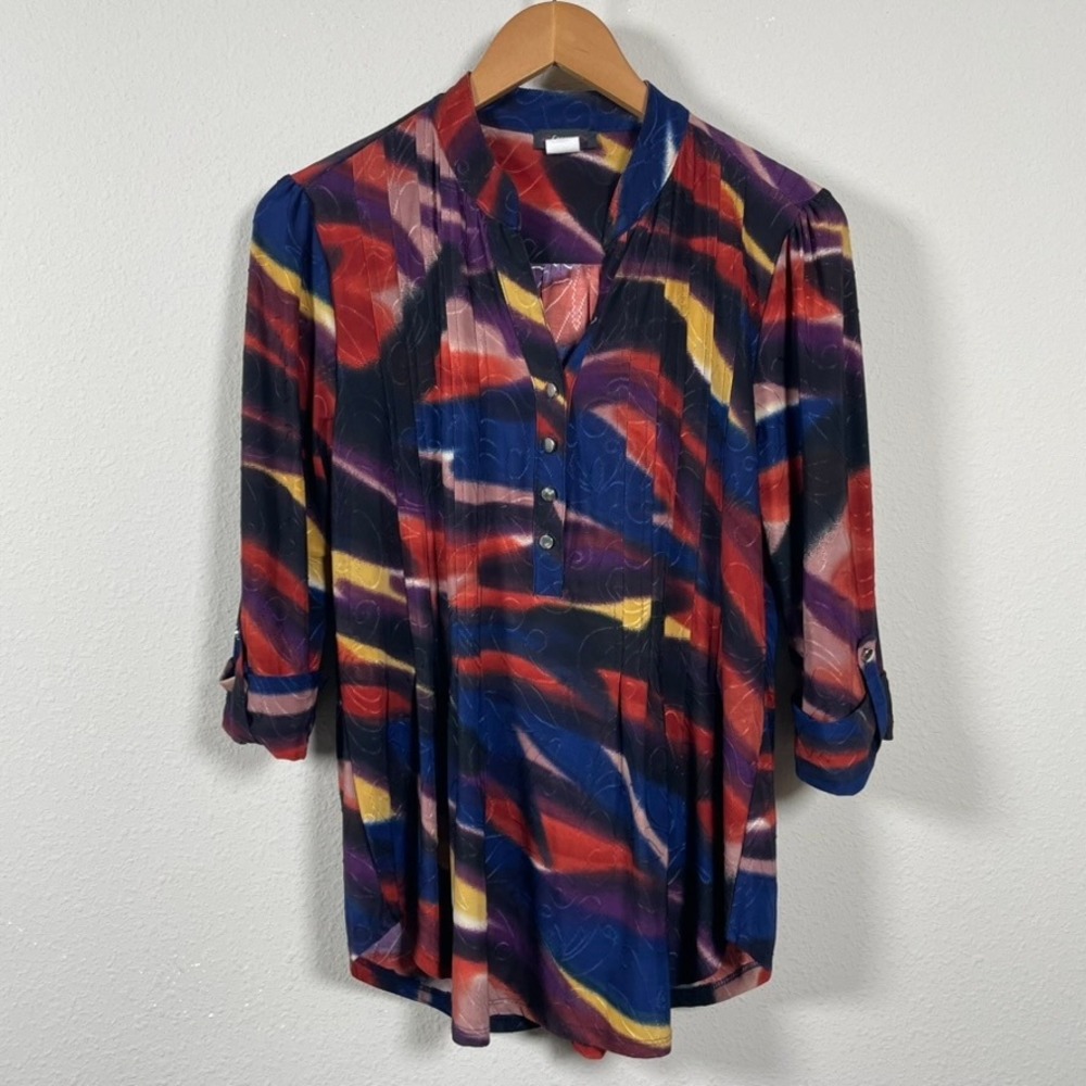 Cocomo Blouse Women S Multicolor Abstract V-Neck 3/4 Roll Tab Sleeve Officewear